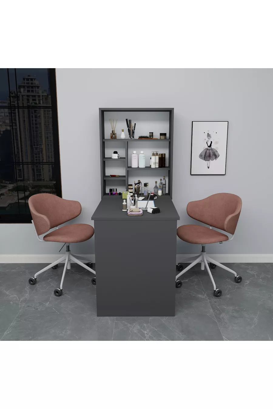 Tavolo da Manicure e Pedicure con Scaffale in Cedro, Antracite - Cedro