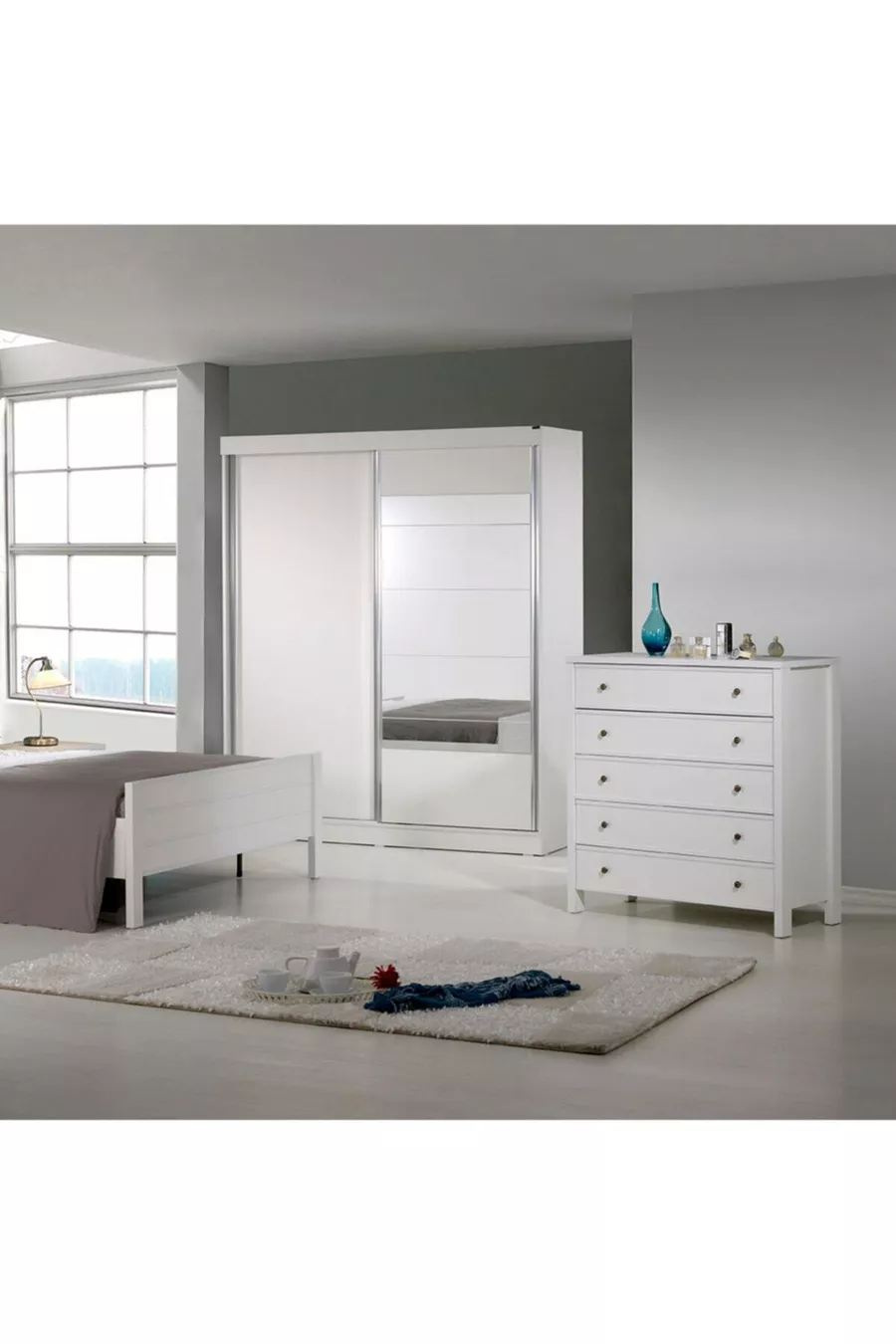 Comò moderno Rio a 5 cassetti con gambe, bianco