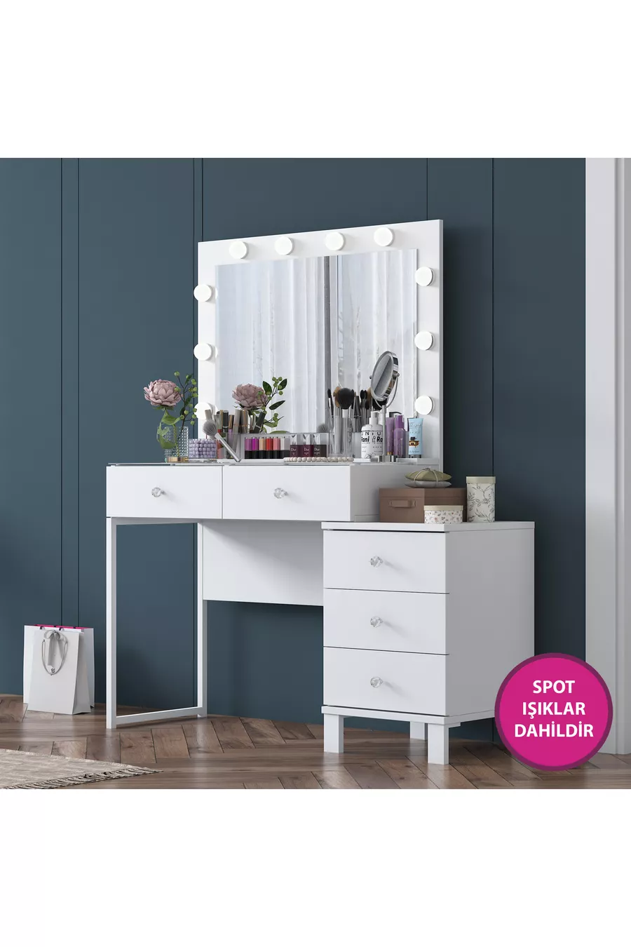 Rani Tavolo da Trucco con Specchio e Luci in Stile Hollywood con 5 Cassetti Organizzatore di Gioielli Bianco