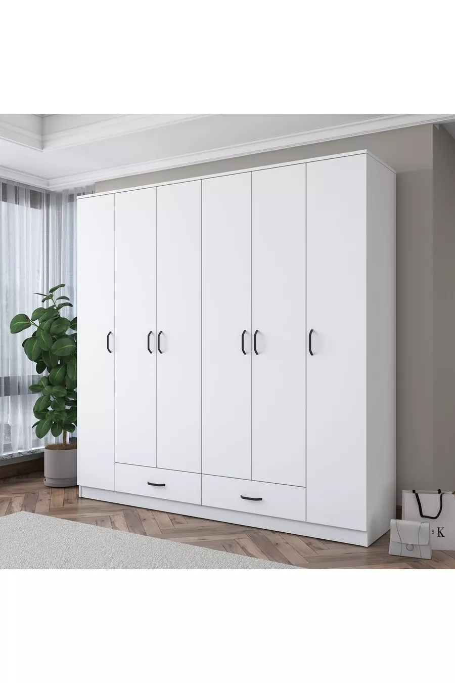 Rani  Großer Kleiderschrank mit 6 Türen, 2 Schubladen,  Regalen und 2 Kleiderstangen, Weiß
