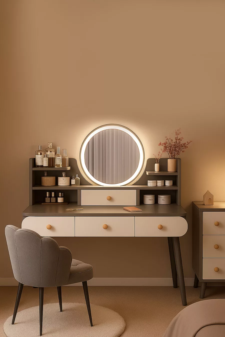 Coiffeuse moderne avec miroir rétroéclairé LED en MDF de qualité 1ère classe, table de toilette (G)