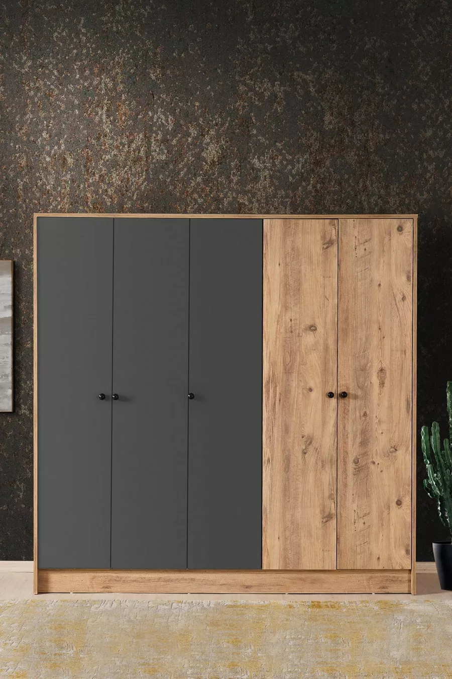 Armoire  Diva 5 portes avec étagères compartimentées et patères, pin atlantic et anthracite,  cm