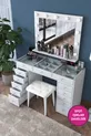 Rani Coiffeuse de Coulisses avec Miroir et Lumières de Style Hollywood, Table en Verre, Organisateur de Bijoux, Ensemble Pouf, Blanc