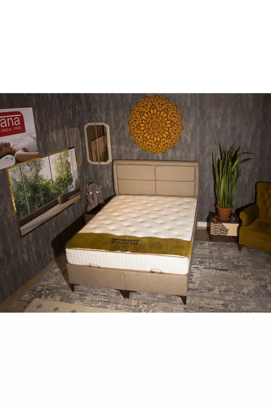 Lit coffre en cuir beige