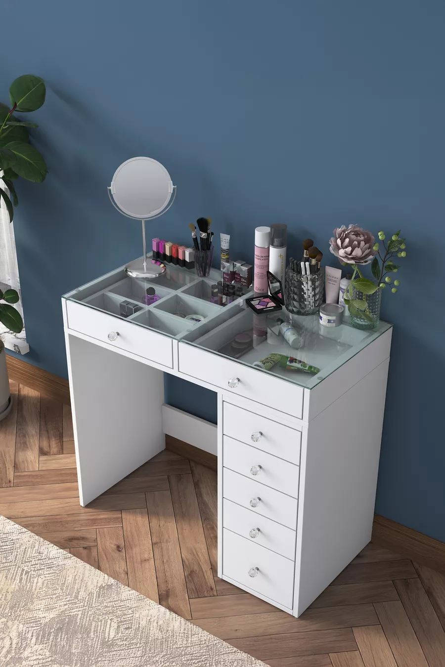 Rani Coiffeuse 7 tiroirs avec plateau en verre Organisateur de bijoux blanc