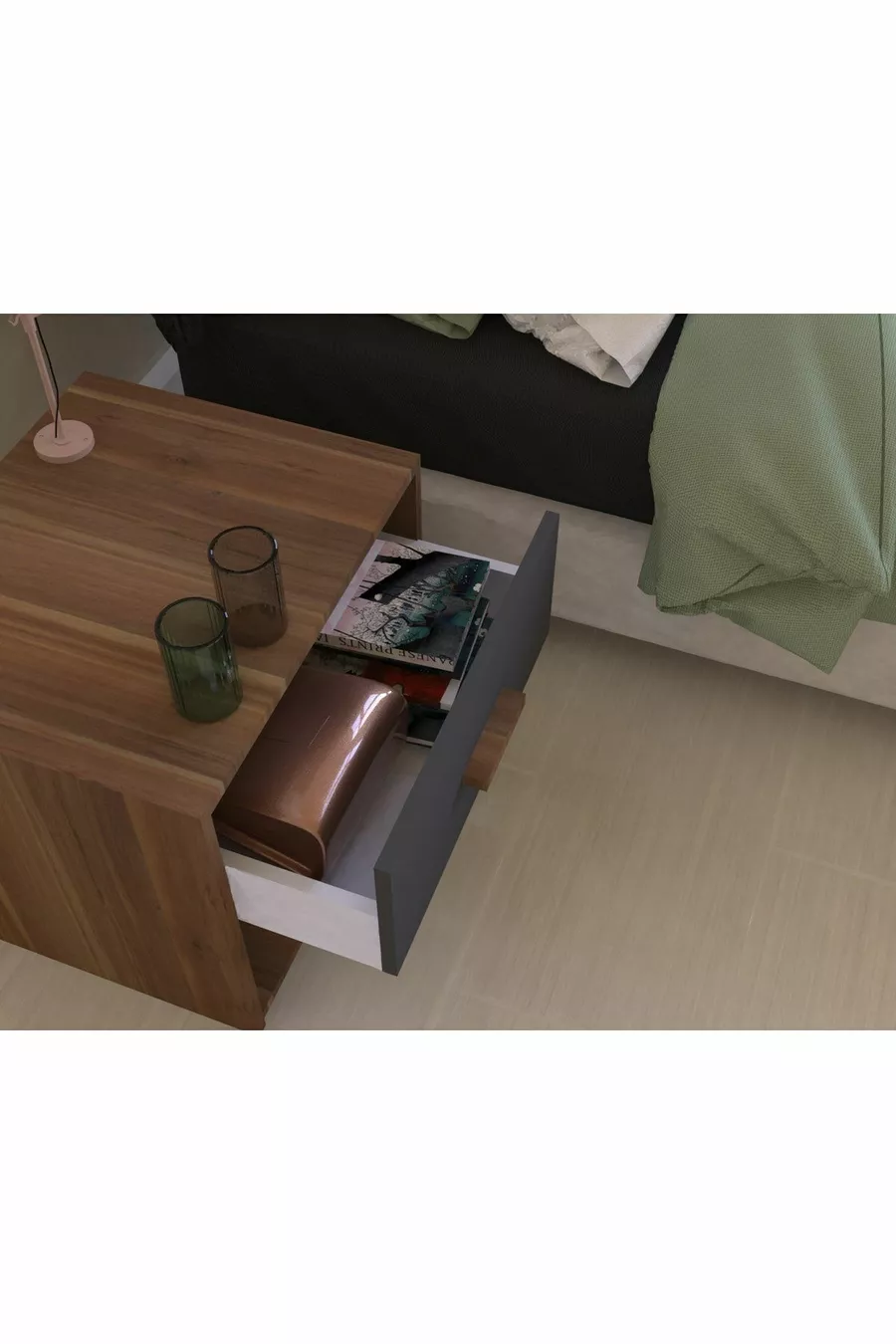 Table de chevet en gris anthracite avec un tiroir et finition noyer