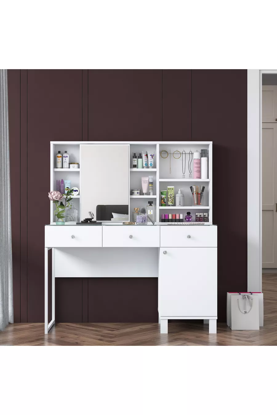 Rani Schminktisch mit Spiegeltür und Schublade, Schmuck-Organizer mit Haken, Weiß
