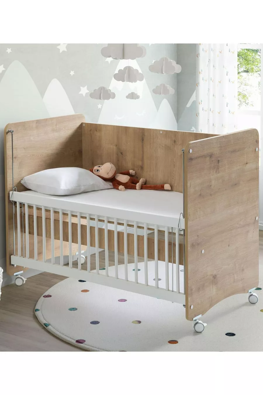 Berceau pour bébé à roulettes avec côté inclinable - Lit bébé - Lit parc - Bois - Cm