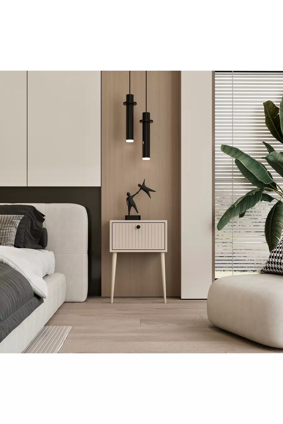 Table de chevet CANOPUS MDF couleur pierre de sable avec pied en bois et une seule porte