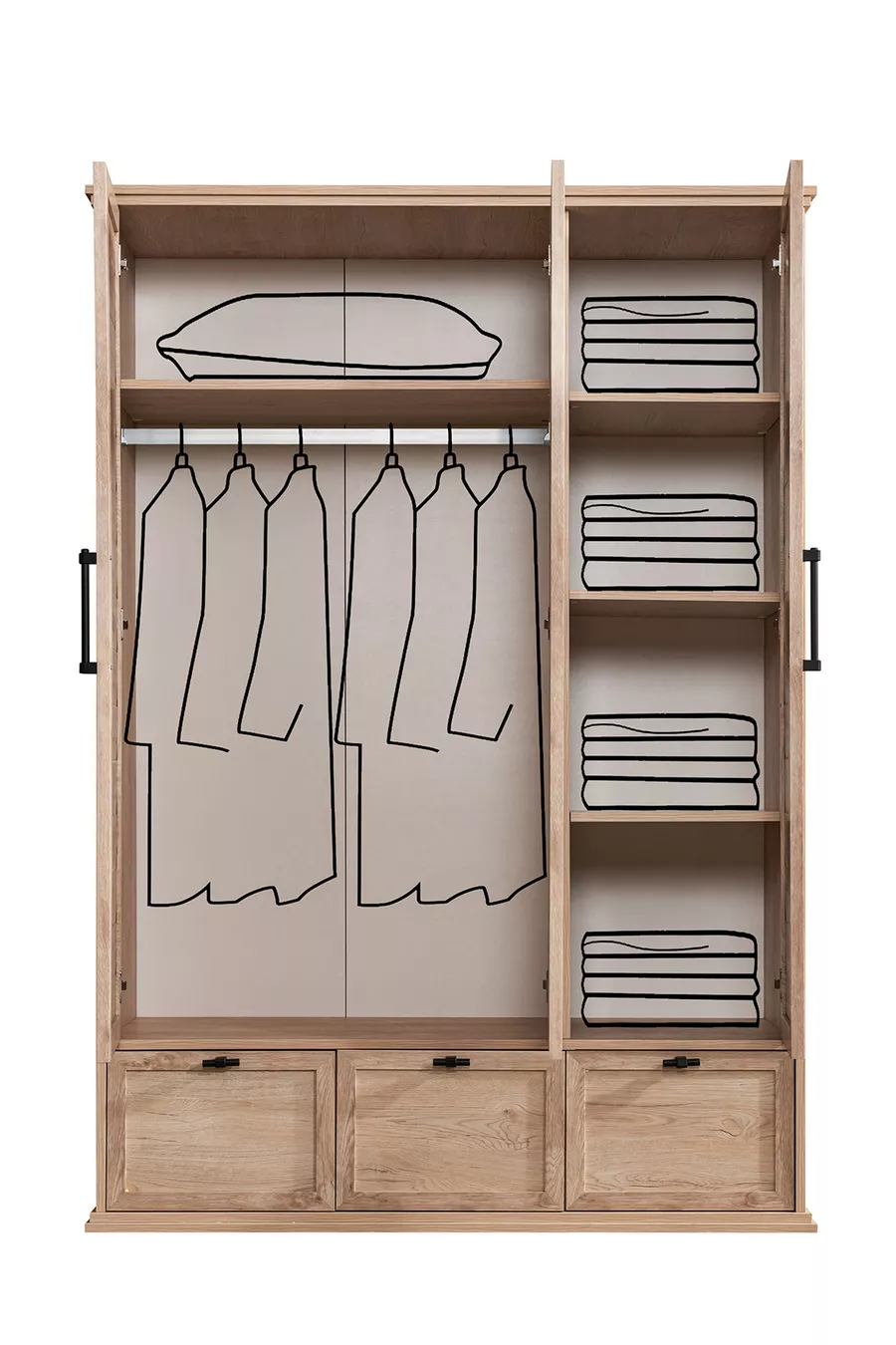 Lit superposé, ensemble de chambre pour jeunes Polo avec bureau double, lit superposé en noyer + armoire en noyer à trois portes