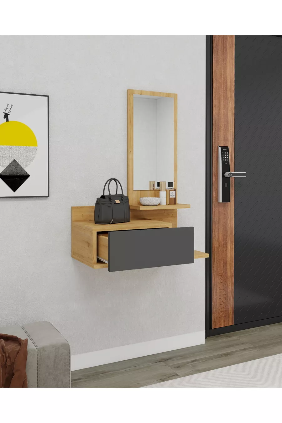 Rozella Wandgemonteerde Dressoir met Lade en Spiegel, Natuurlijk Eiken & Antraciet - Rozella