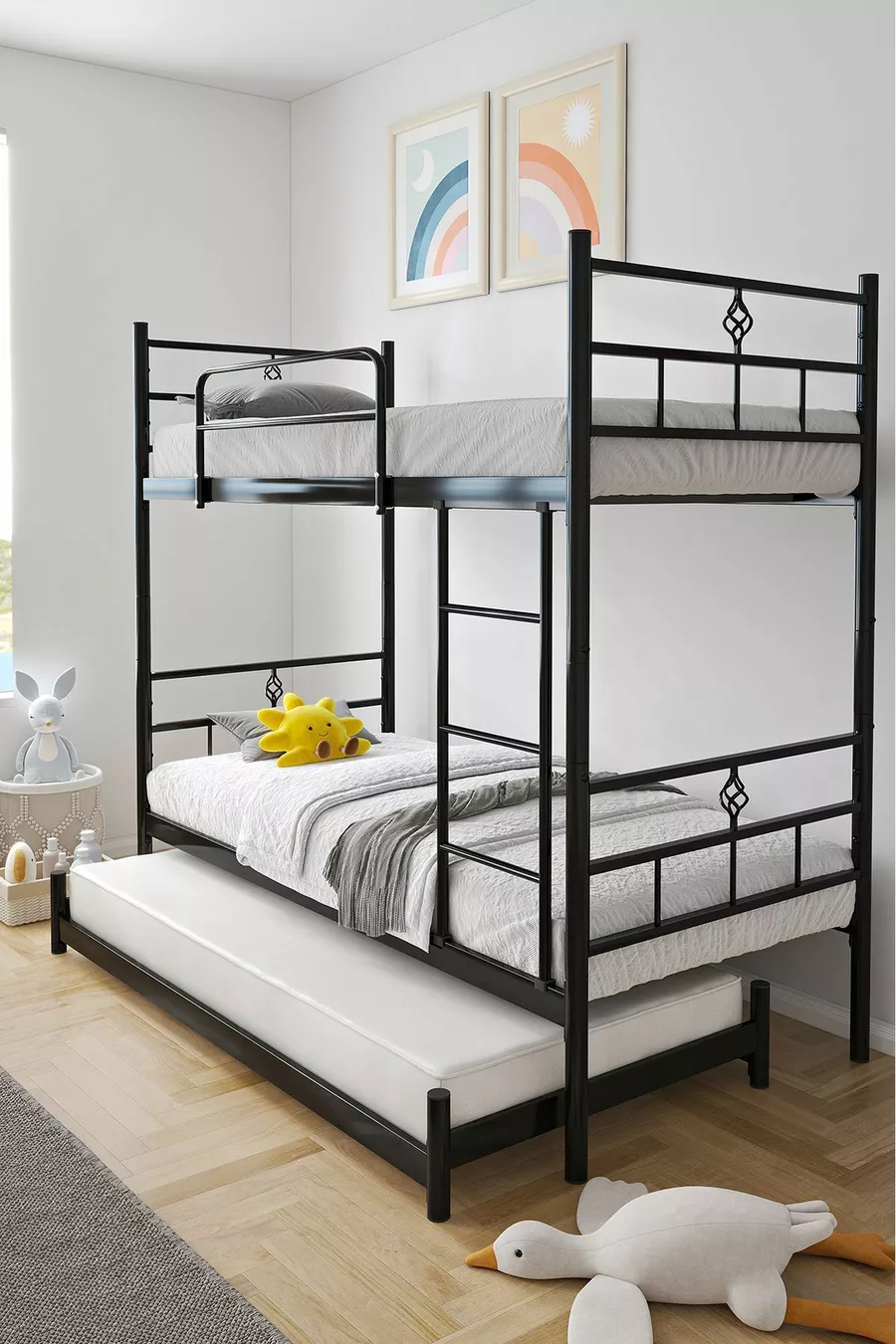 Koza Loft Bunk Bed Compatible with Mattress, 3-Person Black Metal Bunk Bed