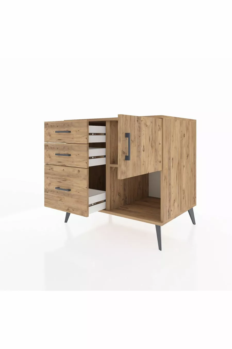 Commode Kronos avec une étagère, 3 tiroirs et une porte, pin-pin