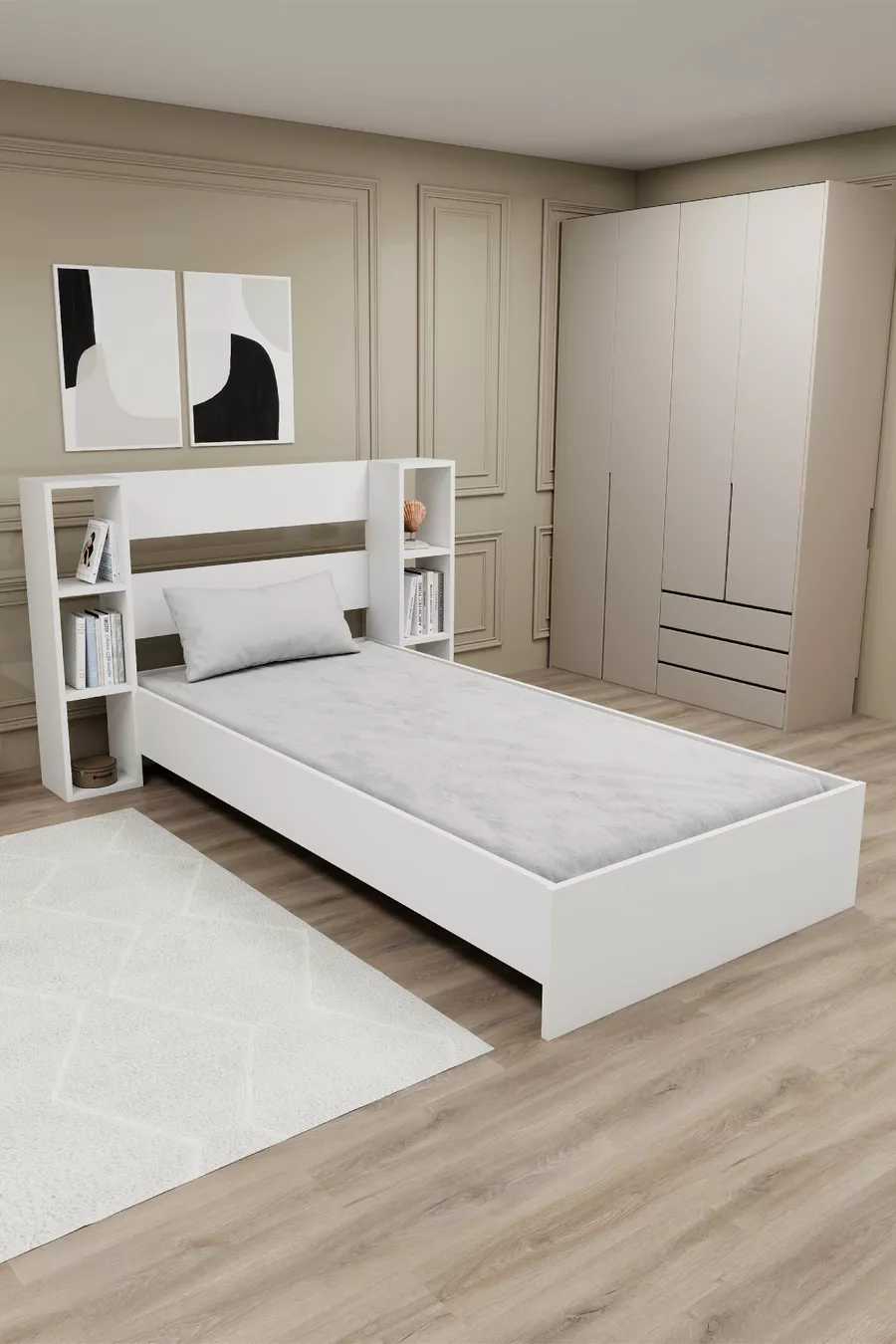Lit simple avec étagère compatible avec matelas Smart, blanc - Smart