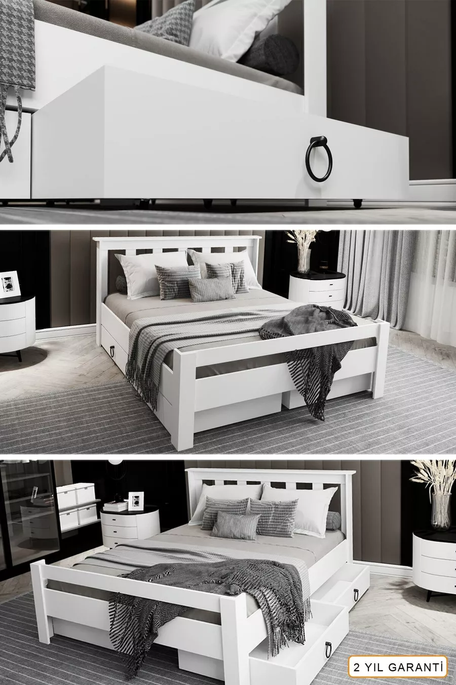Lit double Arya compatible avec matelas, en MDF blanc avec tiroirs Maçy-1