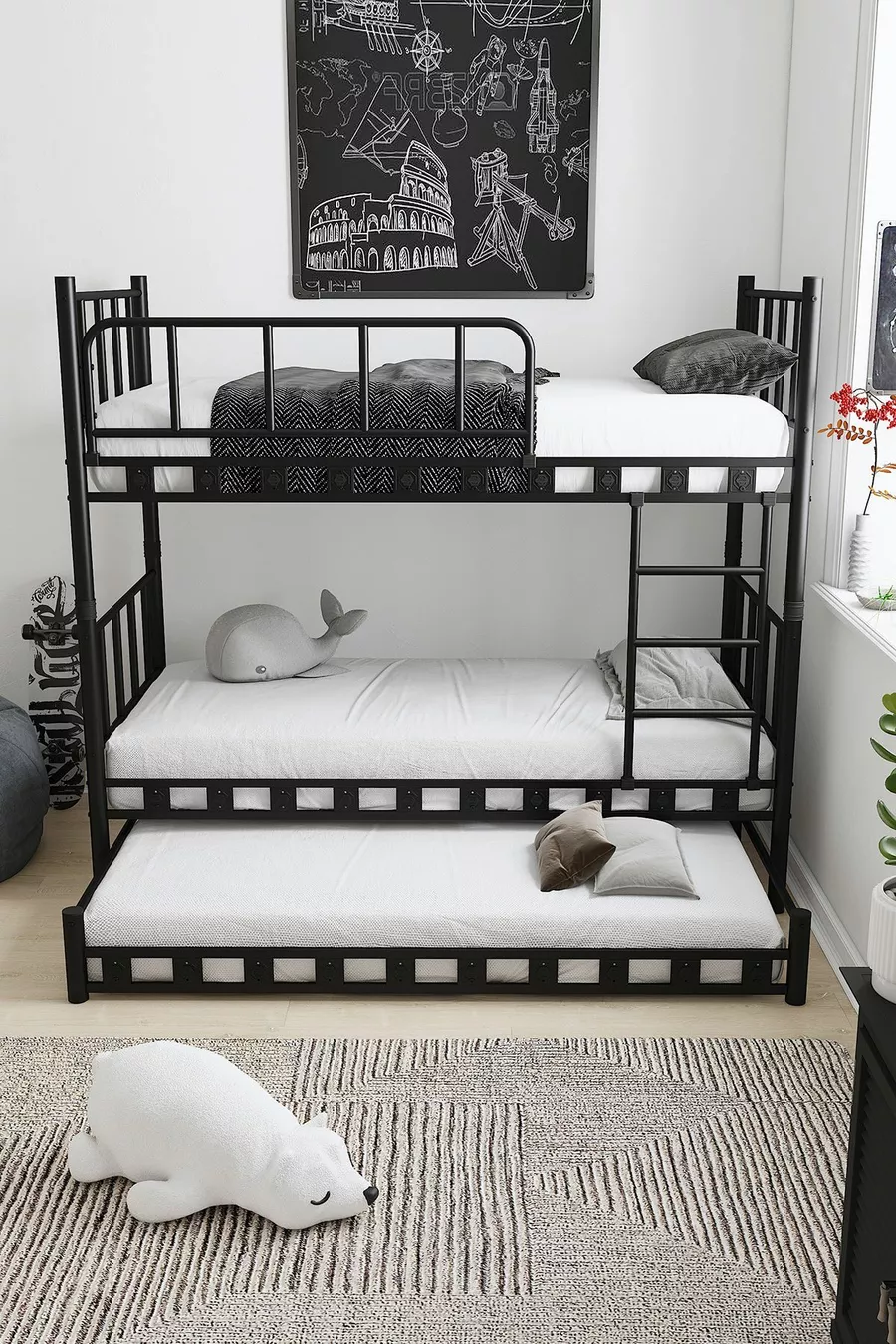 Zambak Yavrulu Kinderkamer Stalen Stapelbed en Bedframe Zwart