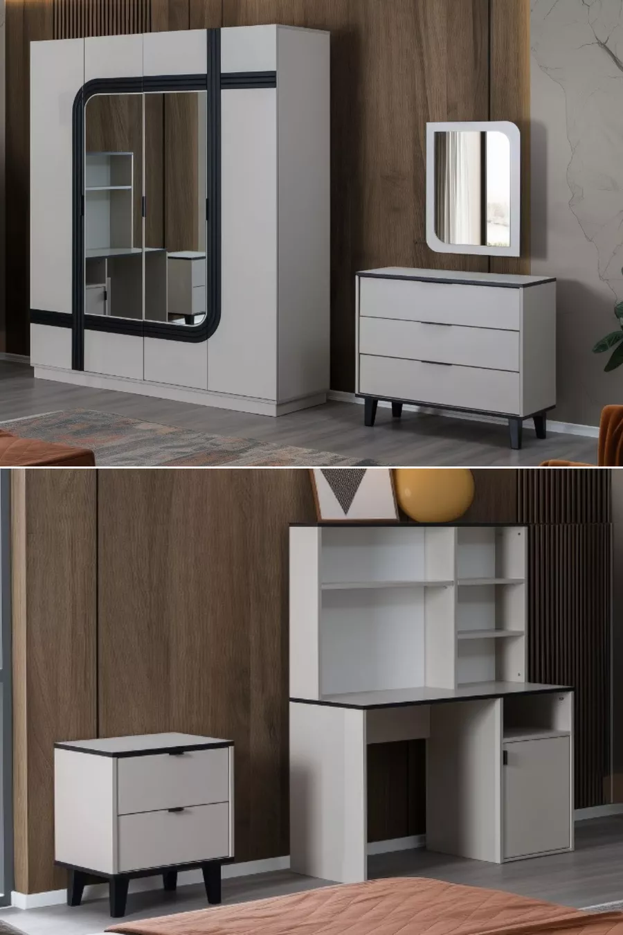Ensemble Chambre Jeune Bali - Armoire 4 Portes, Bureau, Commode, Table de Chevet