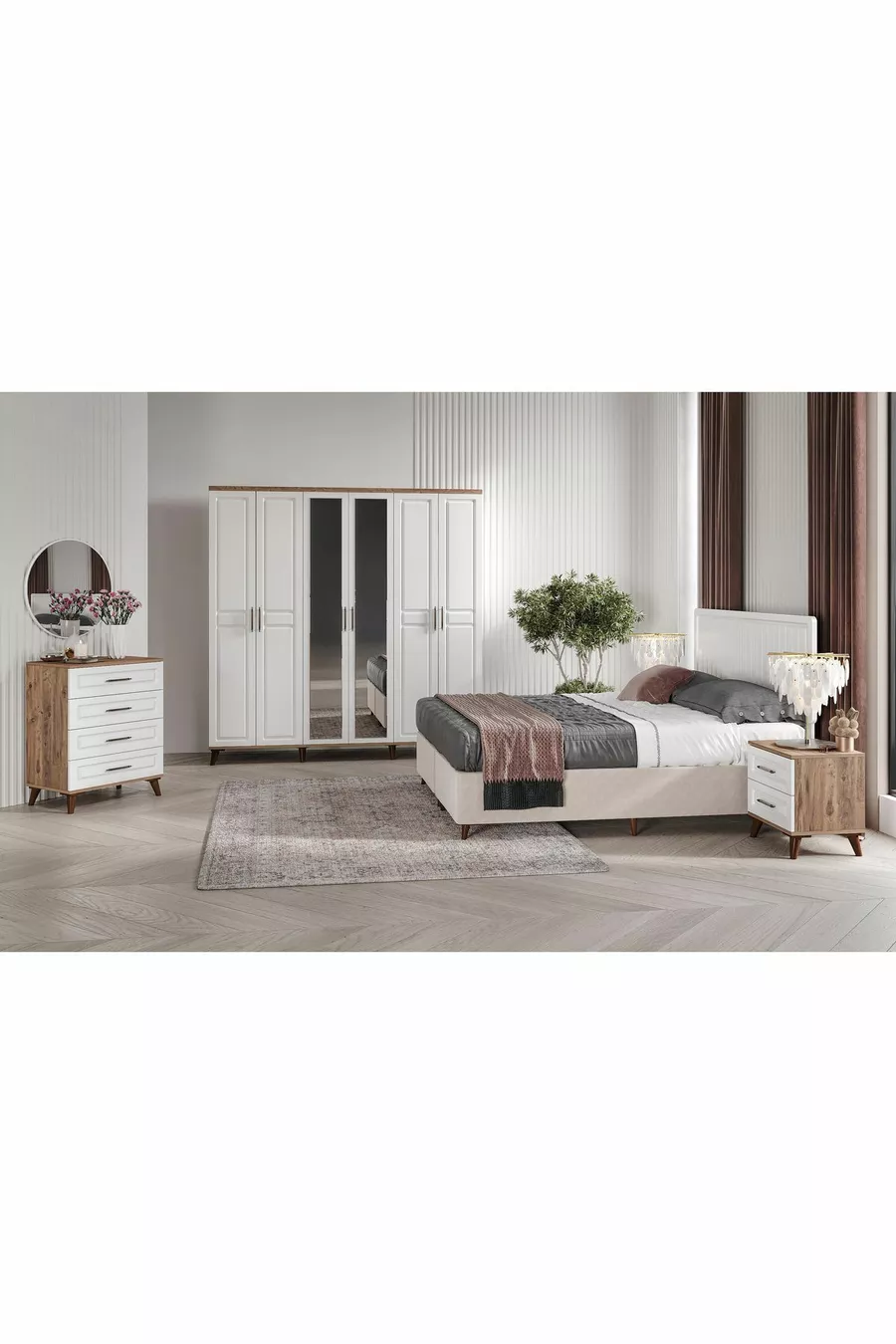 Camera da letto completa in MDF Sport con 6 ante, pino atlantico-bianco (con base)