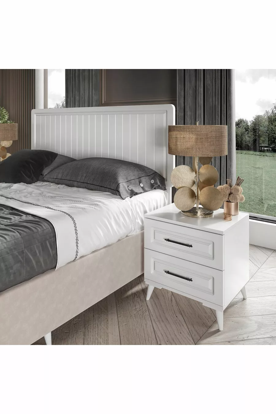Camera da letto completa in MDF bianco Gözde 6 ante con montaggio gratuito