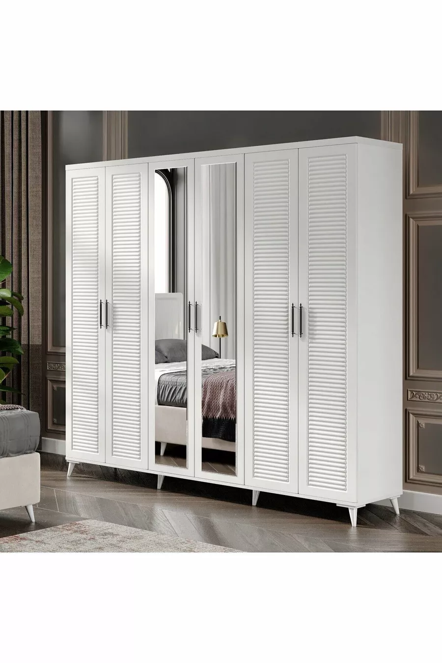 Complete MDF Paris White Bedroom Set with 6 Doors and Bed Base