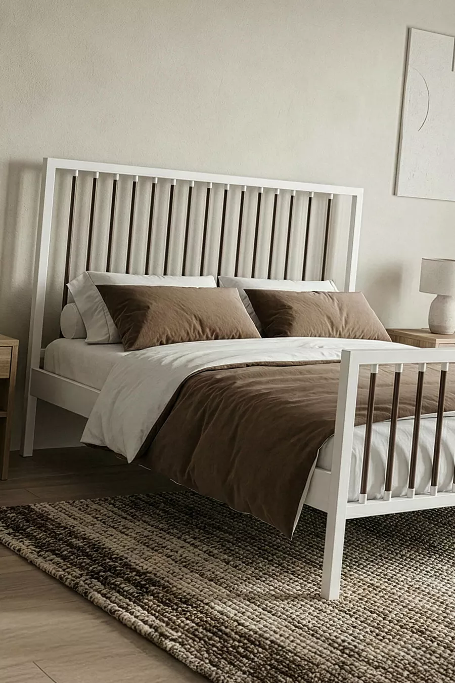 Lit double en métal forgé Breeze (BLANC-MARRON) (Avec lattes en bois)