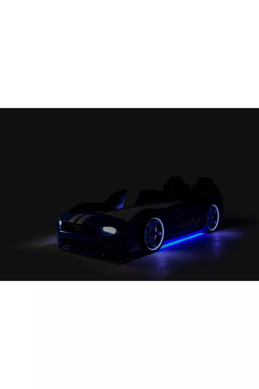 Bed with Base and Car Design, Mustang Style, Full LED, Remote Controlled and Musical