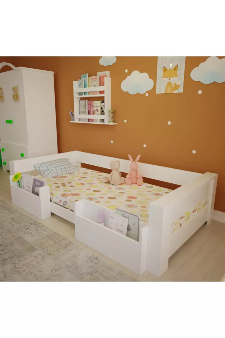 Vega Montessori Letto in MDF Bianco con Tasca, Compatibile con Materasso M