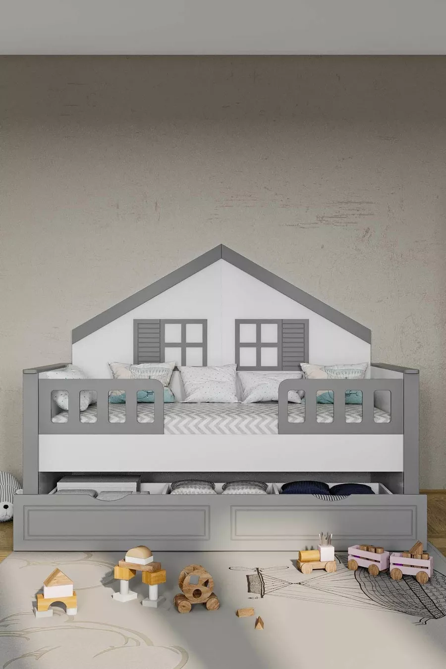 % MDF Materiaal Kinder Montessori Bed met Lade, Grijs
