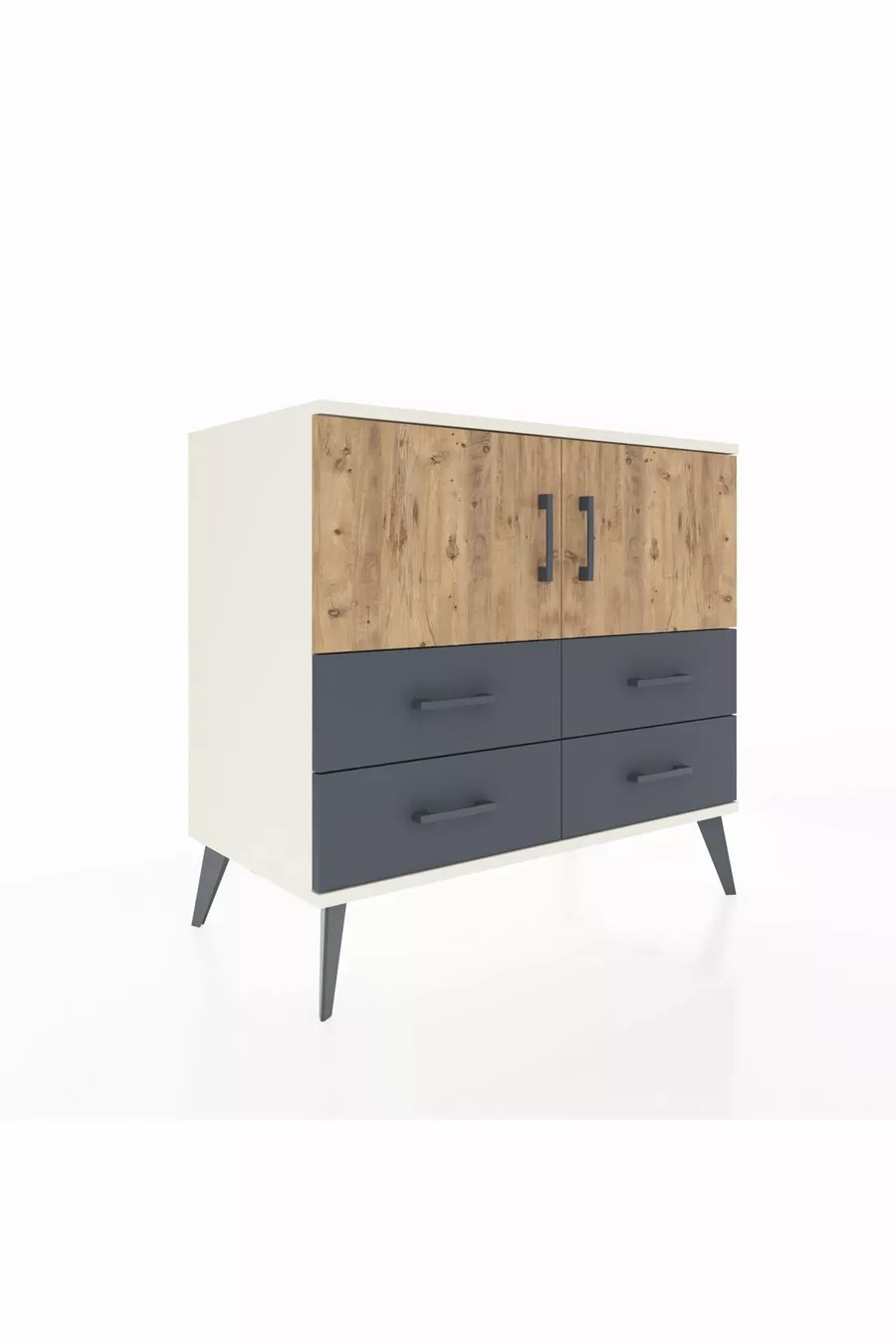 Commode Hyperion 2 étagères 4 tiroirs 2 portes Pierre de Lune-Sapin/Anthracite