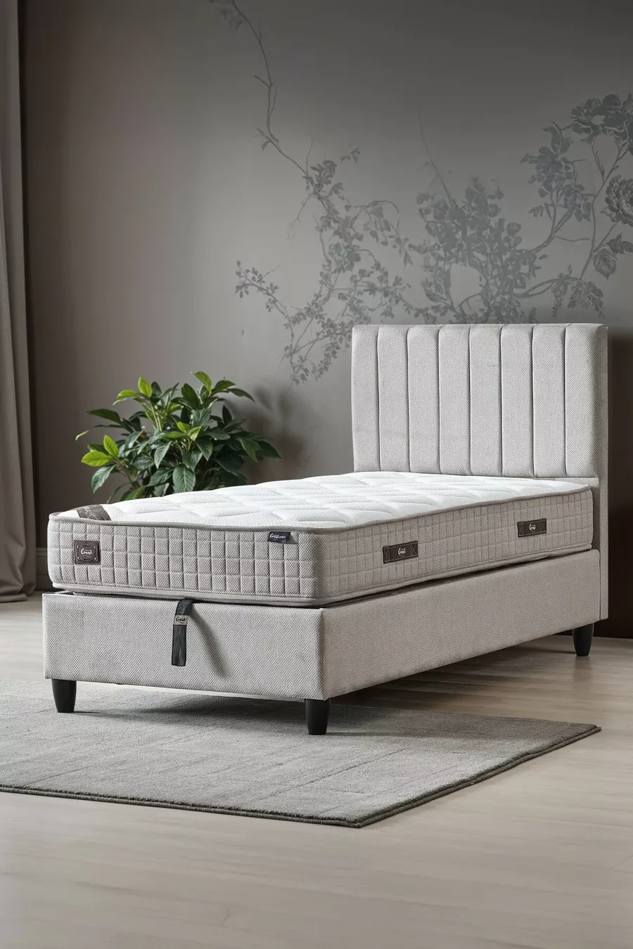 Manolya-Serie Einzelbett mit Bettkasten und Kopfteil + Komplettes Orthopädisches Paket Federkernmatratzen-Set 3-teilig