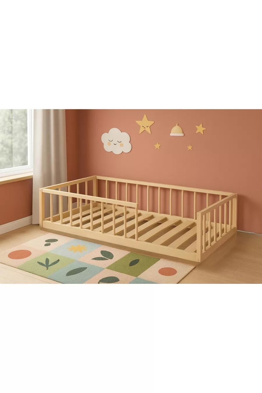 Lit pour enfant en bois massif naturel avec lattes rondes cm X cm Bois naturel