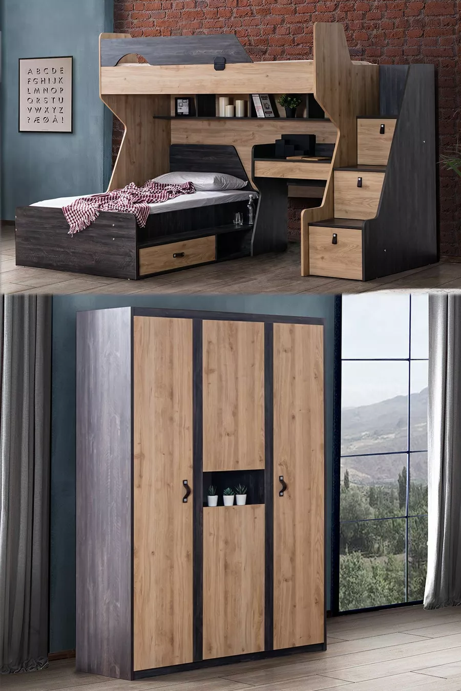 Stapelbed, Doğa Stapelbed Bed Bureau 3-Deurs Kast