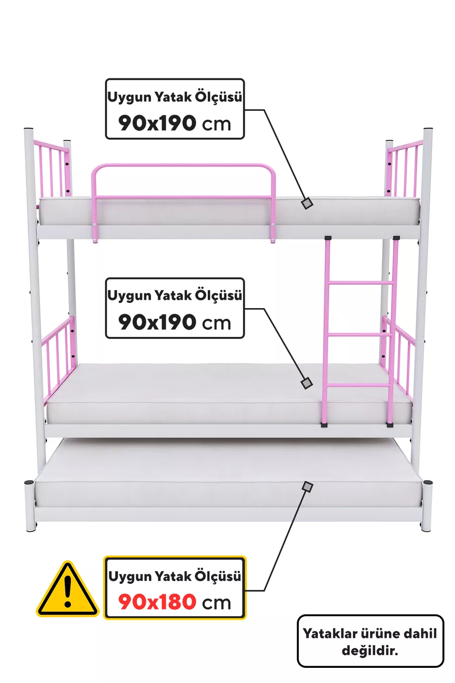 Letto a castello Tekno con cassetti, compatibile per 3 persone, colore rosa chiaro, in metallo