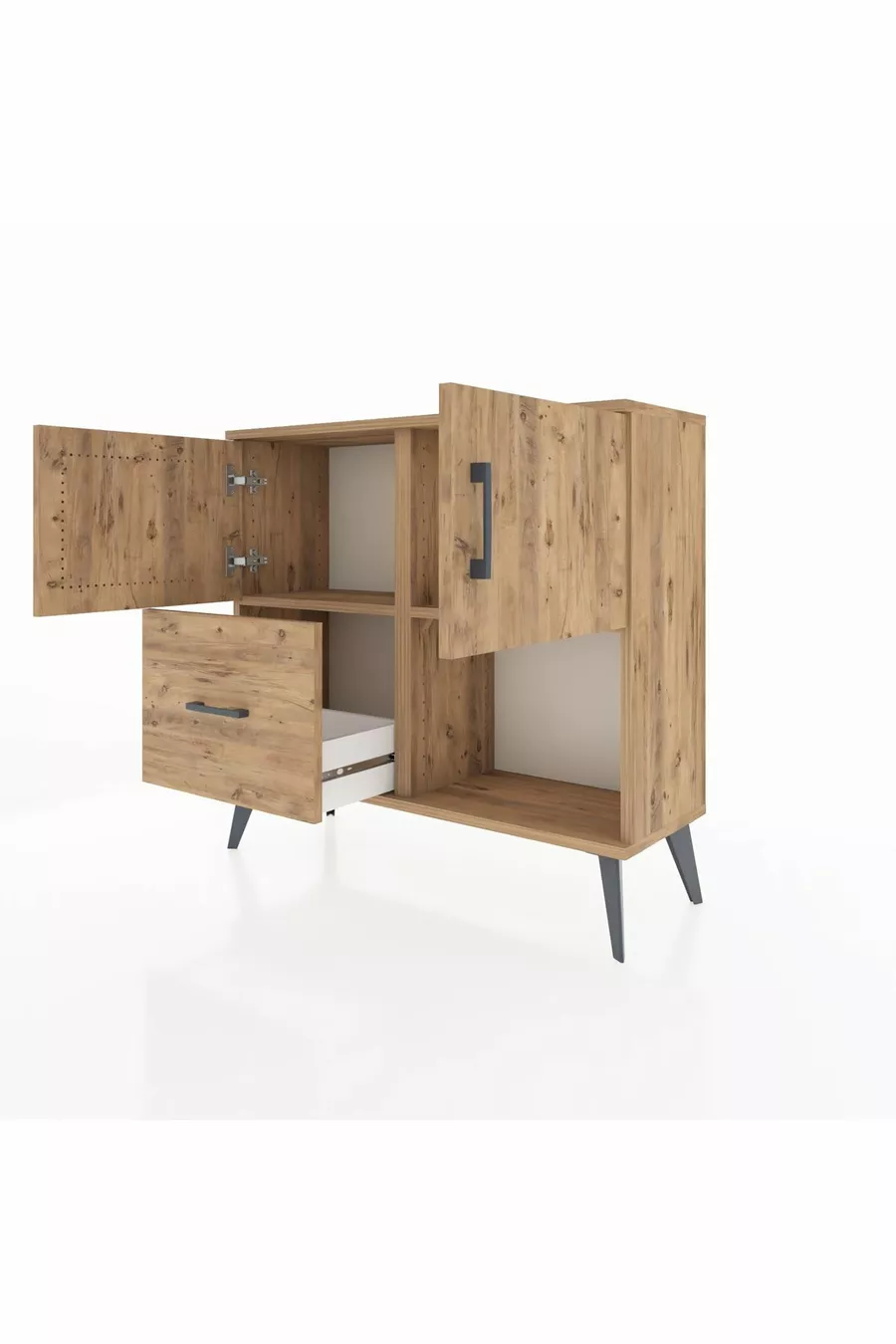 Commode Arges avec 2 étagères, 1 tiroir et 2 portes, en pin