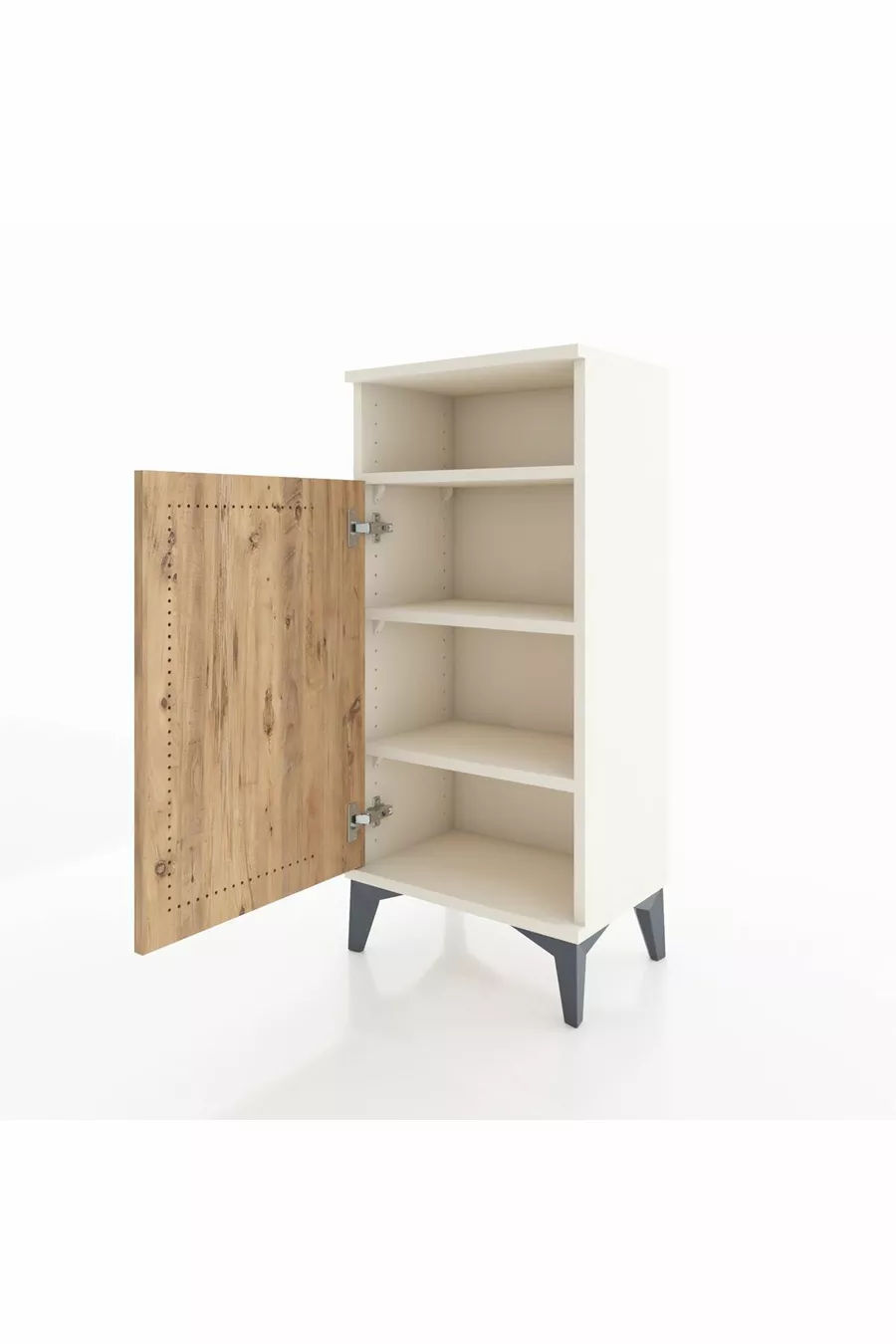 Table de chevet Arges à 3 étagères avec une porte, couleur Pierre de lune-Pin