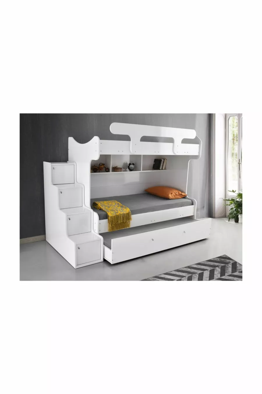 Samara Loft Bed with 3 Beds and Ladder, Bunk Bed with Trundle - Glossy White