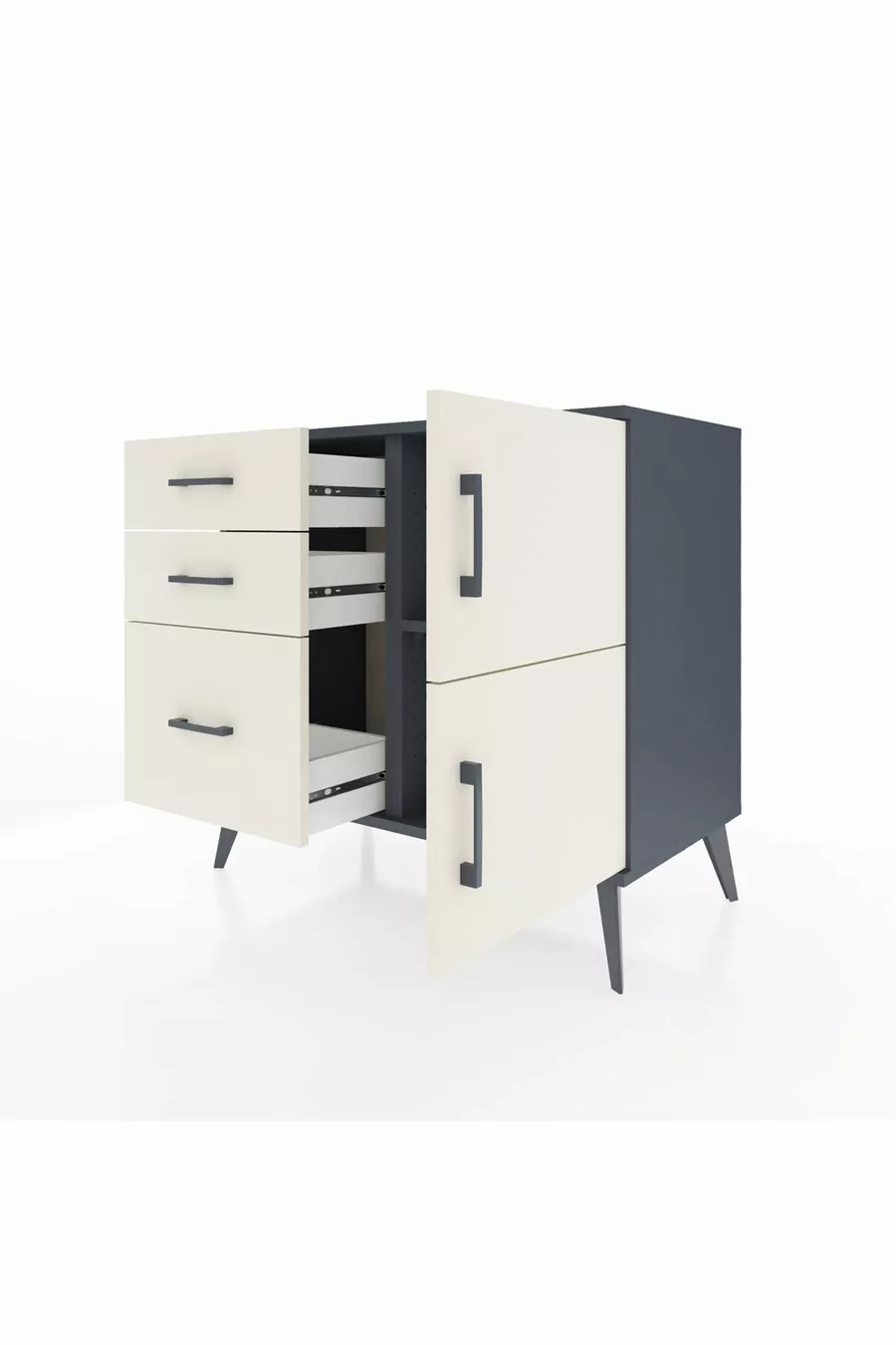 Commode Hyperion à une étagère, 3 tiroirs et 2 portes, Anthracite-Pierres de lune