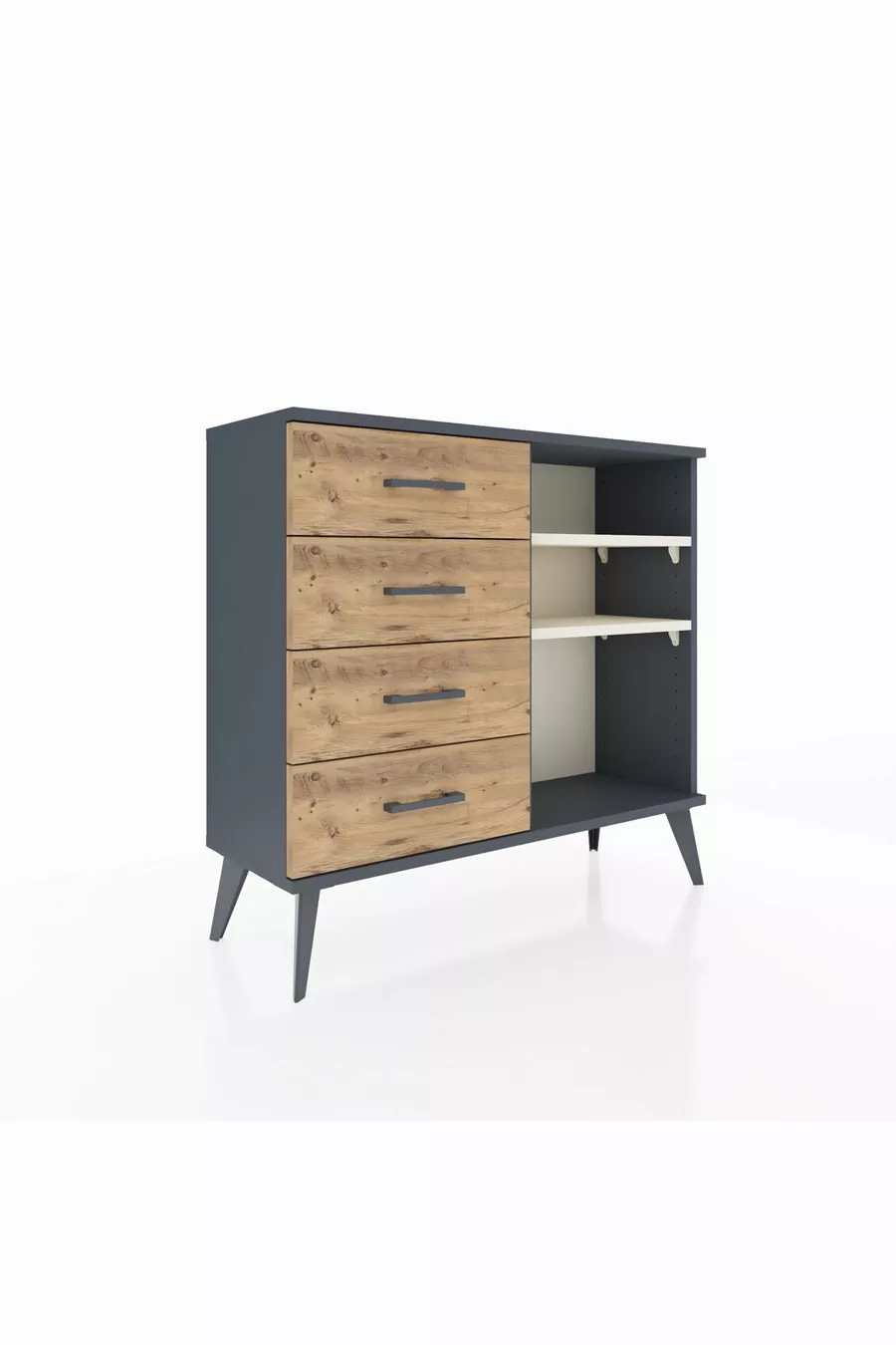 Commode Arges 2 étagères 4 tiroirs Anthracite-Pierre de lune/Merisiers
