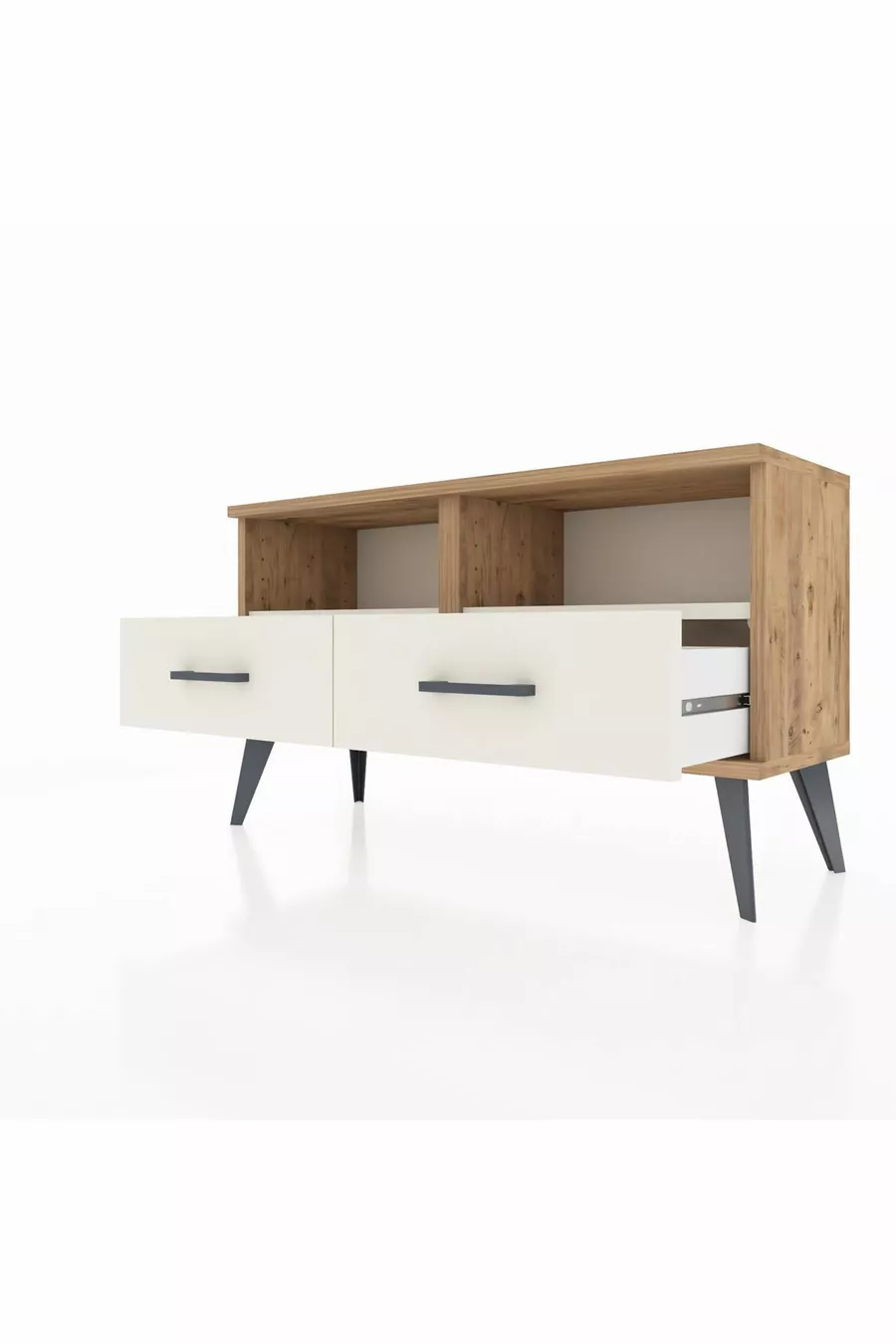 Commode Arges 2 étagères 2 tiroirs Pin-Pierre de lave