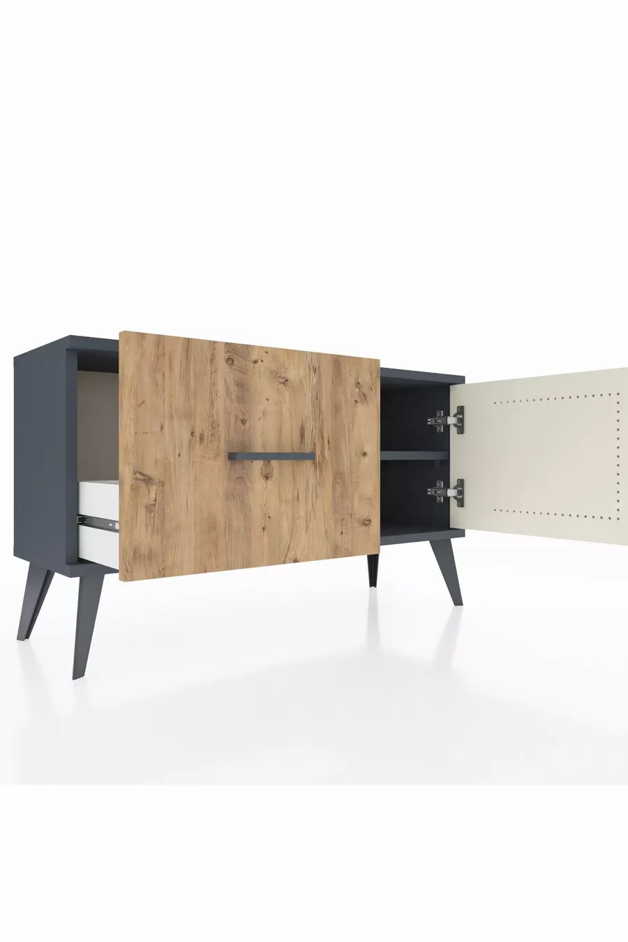 Commode Arges avec une étagère, un tiroir et une porte, Anthracite-Pierre de Lune/Pin