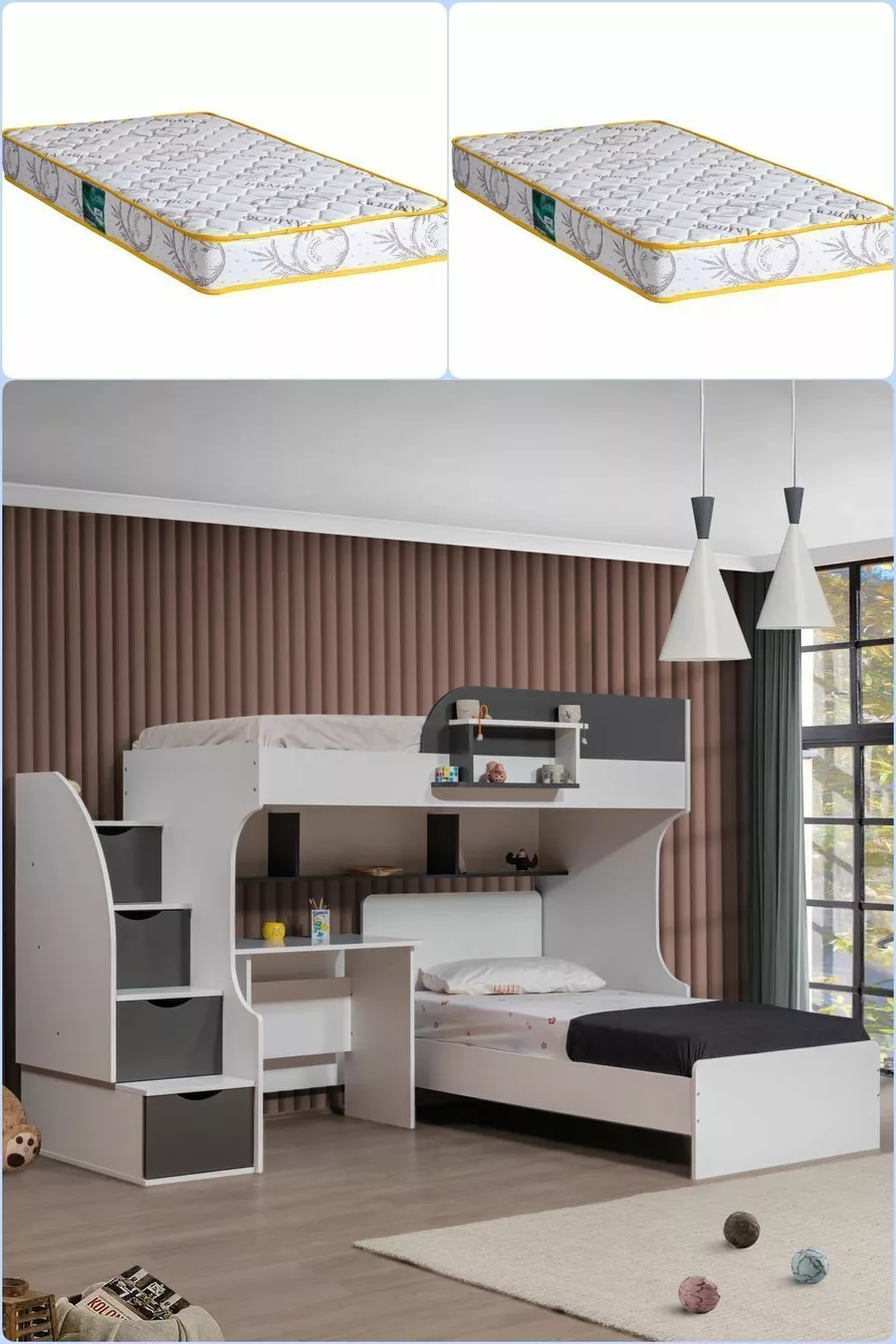 Etagenbett, Aura Etagenbett mit Schreibtisch, 2 Comfort-Matratzen