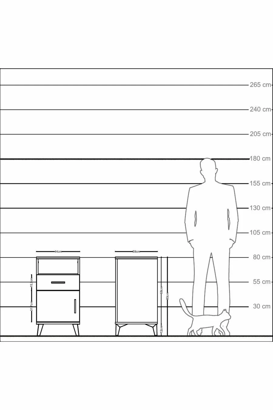 Table de chevet Kronos avec une étagère, un tiroir et une porte, Ambre-Débord