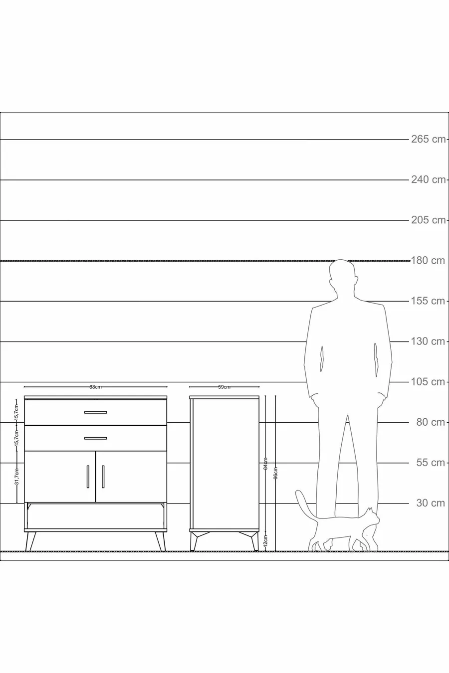Commode Kronos avec 2 étagères, 2 tiroirs et 2 portes, en pin et pierre de lune