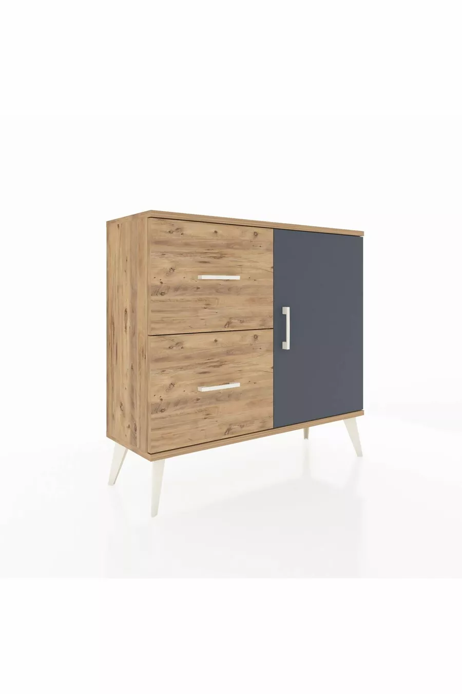 Comò Arges con un solo ripiano, 2 cassetti e una porta, Pino-Antracite/Pino