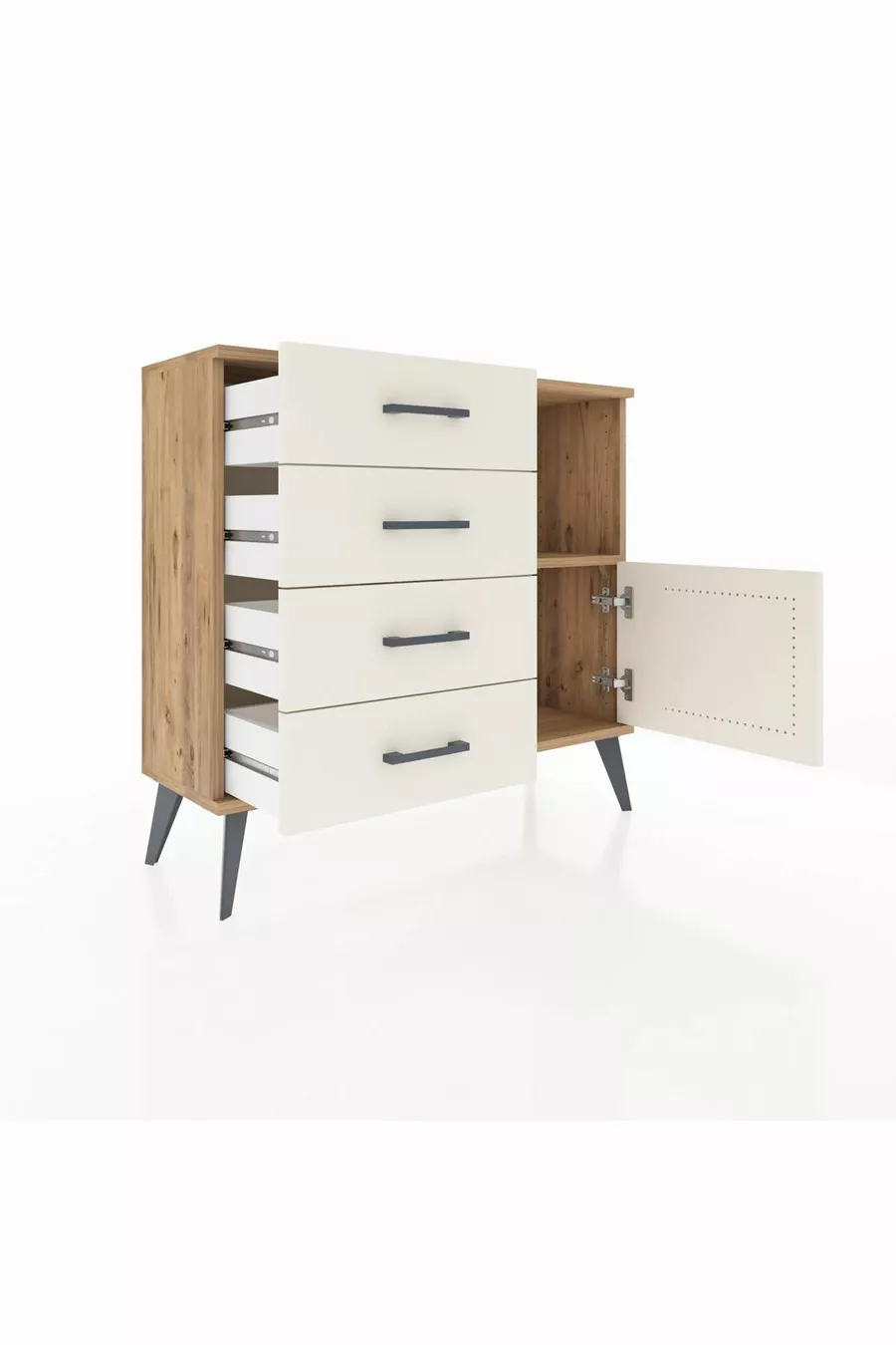 Comò Arges con un ripiano, 4 cassetti e una porta, in pino-pietra di luna