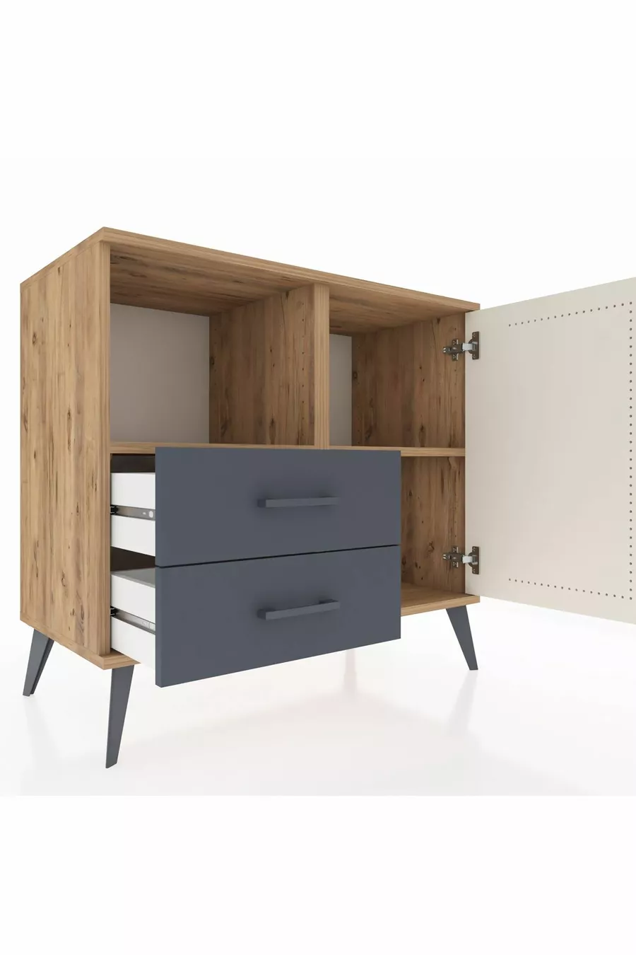 Commode Hyperion avec 2 étagères, 2 tiroirs et 1 porte, en pin et gris anthracite