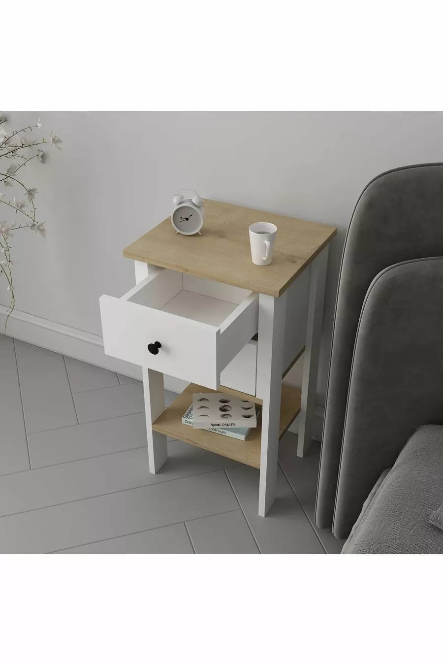 Table de chevet Luvia en chêne blanc avec double tiroir