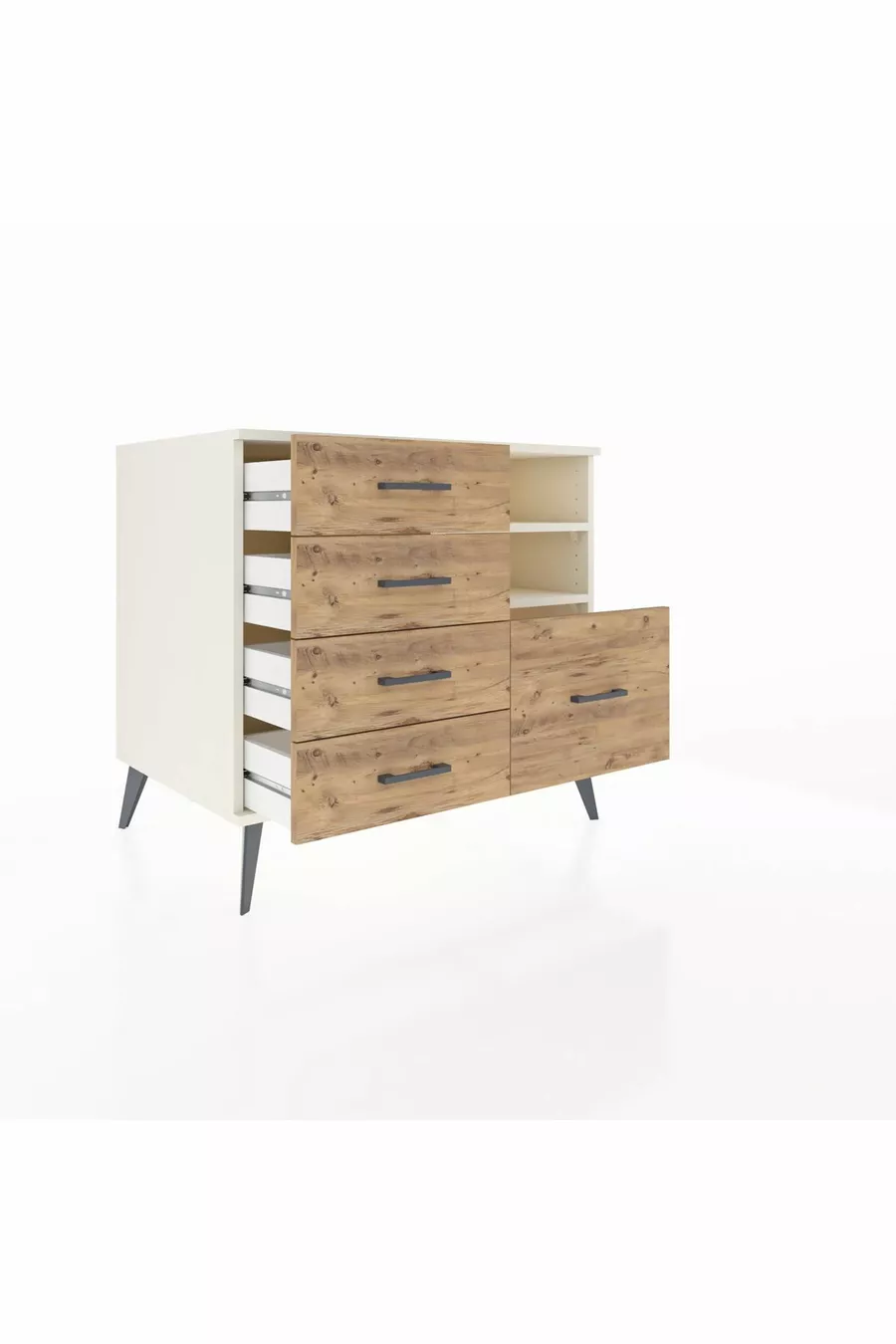 Kronos Dresser with 2 Shelves and 5 Drawers, Moonstone/Moonstone/Pine