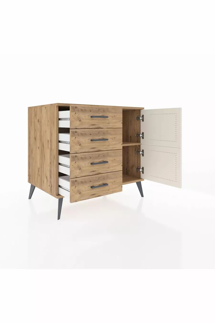 Kronos Kommode mit einem Regal, 4 Schubladen und 2 Türen Kiefer-Achat/Kiefer