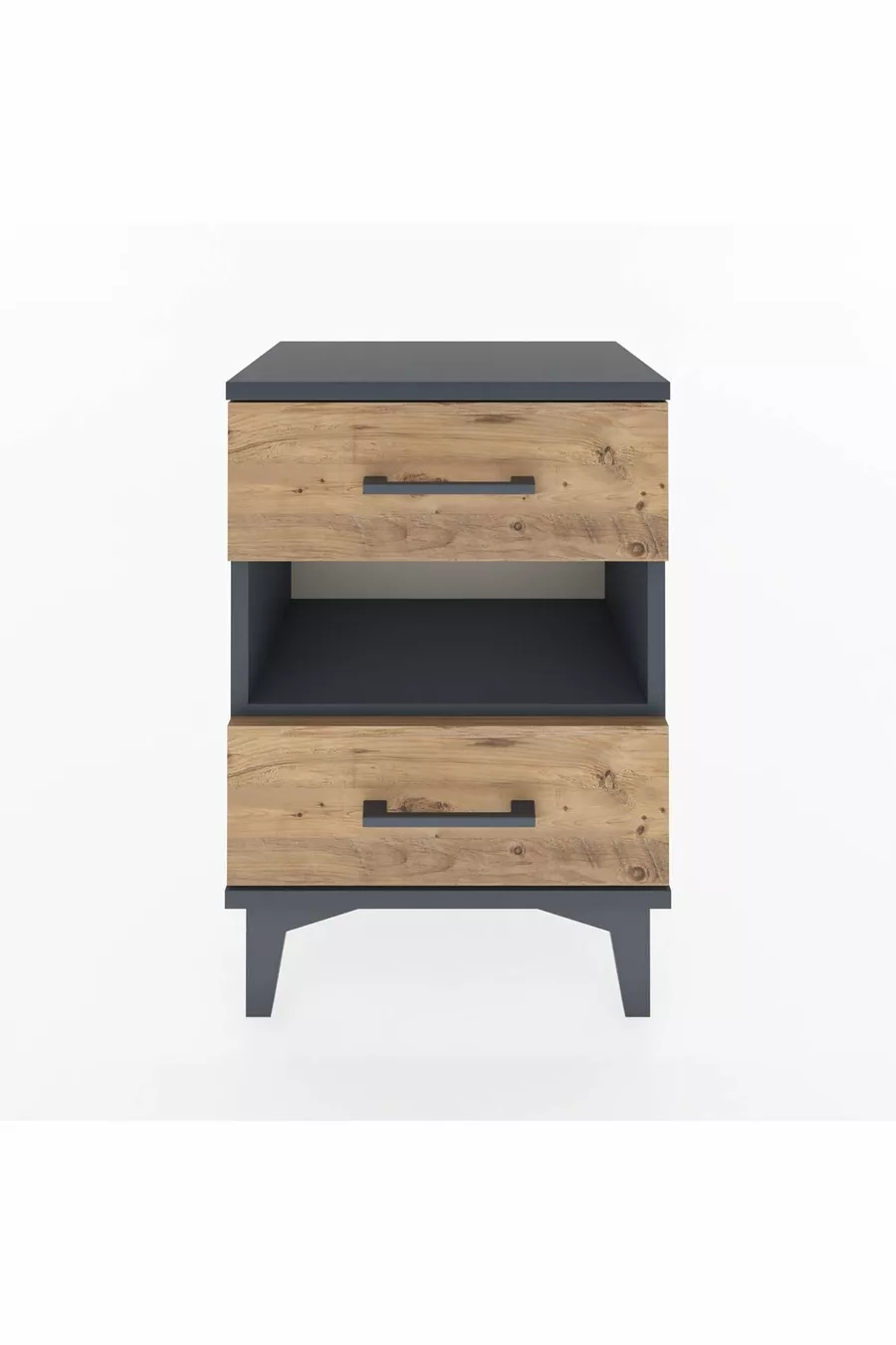 Chevet Arges à une étagère et deux tiroirs Anthracite-Pin